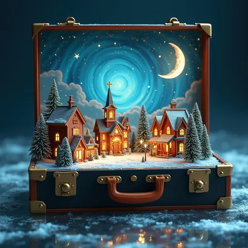 Prompt: “ Vintage Suitcase, miniature Santa village cityscape “ (Leo Phoenix- Creative- Quality)
Image is a surreal digital artwork featuring an open vintage suitcase with a fantastical miniature cityscape inside. The suitcase is leather-bound with brass corners and a handle, resting on a frozen ice surface. Inside, a glowing, swirling sky with blue and white hues illuminates the scene, creating a dreamlike atmosphere. Prominently displayed is a miniature candy lane town, surrounded by intricately detailed buildings resembling classic Santa architecture, complete ribbons and bows. The background features a crescent moon and a starry night sky, with snow falling adding to the whimsical and imaginative theme. The cityscape appears to be set on a reflective surface, suggesting frozen water or a polished floor, enhancing the magical quality of the composition. The overall color palette includes deep blues, warm golds, and earthy browns, contributing to the enchanting and mystical ambiance of the artwork.