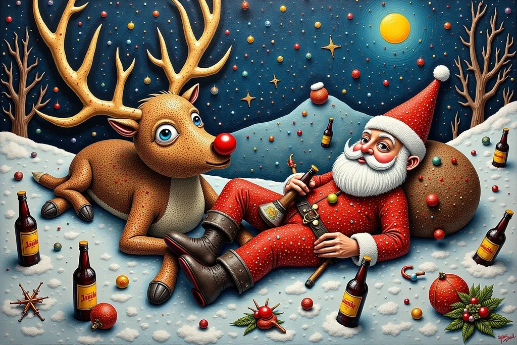 Prompt: Christmas scene with Rudolph and Santa laying in the snow drunken with many bottles of beer, Rudolph's nose is big and red, oil on canvas, surreal Maximalist, dimensional, surreal, folk-art, cluttered zentangle, muted colors with vivid accents, lots of texture The more of the description you use the more intense it gets. <mixed emotions style>