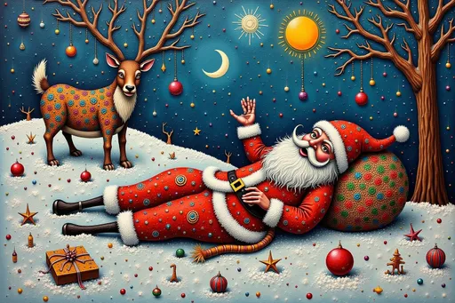 Prompt: Christmas scene with Rudolph and Santa laying in the snow drunken, oil on canvas, surreal Maximalist, dimensional, surreal, folk-art, cluttered zentangle, muted colors with vivid accents, lots of texture The more of the description you use the more intense it gets. <mixed emotions style>