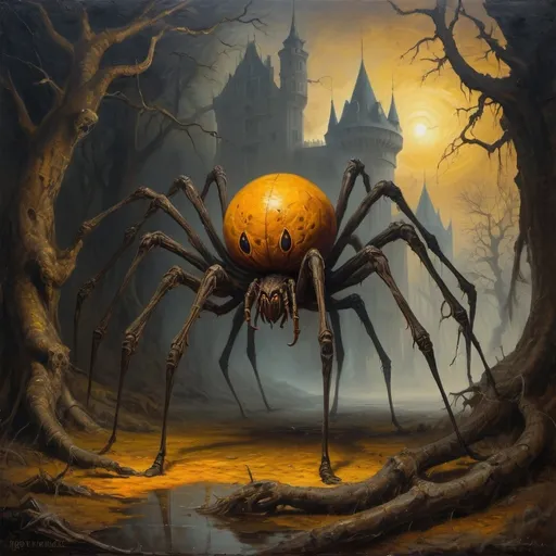 Prompt: Oil painting, Rembrandt, A mesmerizing dark fantasy illustration of a shapeshifter, resembling an arachnid-inspired creature with a humanoid figure. The creature has a mix of yellow and deep orange colors, with spider-like legs and human hands. It's standing in a gothic landscape with crumbling castles and twisted trees, creating an eerie atmosphere. oilpainting detailed, igor kieryluk style, Fantasy, surrealistisch, psychedelisch in the Dutch golden age