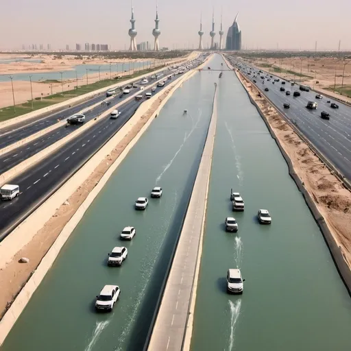 Prompt: Kuwait roads filled with water to reduce the temperature, Water flowing from Kuwait towers, vehicles moving.
