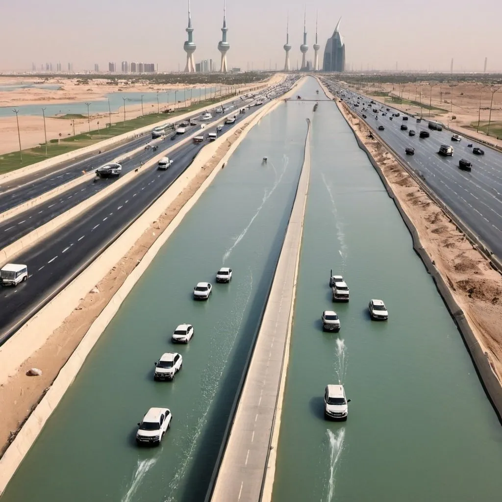 Prompt: Kuwait roads filled with water to reduce the temperature, Water flowing from Kuwait towers, vehicles moving.
