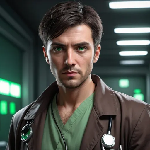 Prompt: Man with dark brown short hair, green eyes medium build cyberpunk doctor 30 years old
