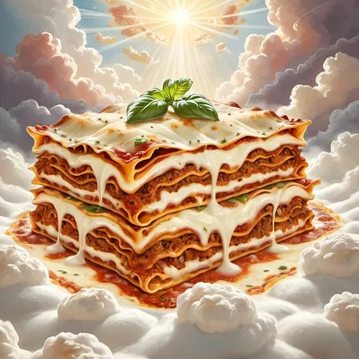 Prompt: A whimsical art style drawing of a heavenly Lasagna surrounded by clouds and heavenly light. The lasagna should be the focus of the image.