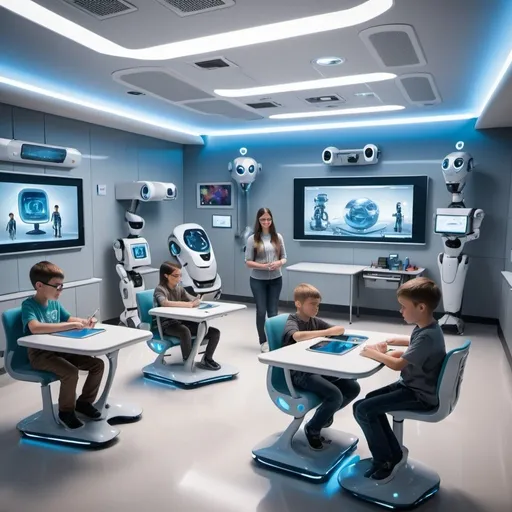 Prompt: A futuristic classroom scene in a micro school with incredibly small class sizes, featuring students using advanced holographic devices and a teacher with a robotic assistant. The classroom is ultra-modern, with sleek furniture and high-tech equipment. There is a prominent sign showing support from an ESA program, highlighting Nevada's $5,000 grant for special needs students.
