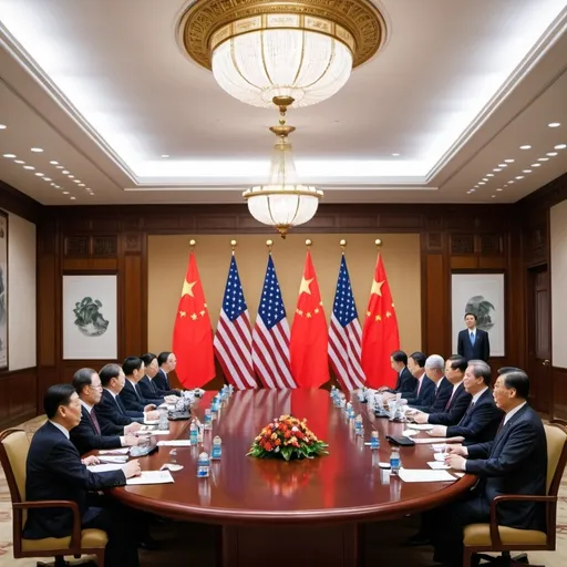 Prompt: /imagine A formal meeting room with the US and Chinese flags prominently displayed. The US Treasury Secretary and Chinese officials are seated at a large conference table, engaged in discussion. Charts and documents representing trade negotiations are spread out on the table. The room is filled with a sense of diplomacy and cooperation, with officials from both countries exchanging ideas and shaking hands.
