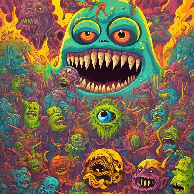 Prompt: faces and monsters all over the place, 
lifes a trip, album cover style, Combining symbolic characters in a colourful explosion of activity , stephen gibb art style bubblegum surrealism 