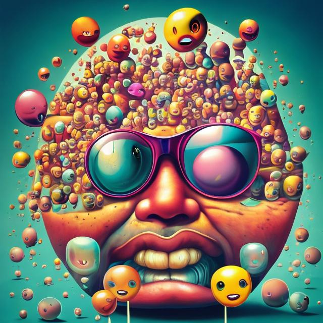 Prompt: everyday objects with faces, 
lifes a trip album cover style, Combining symbolic characters in a colourful explosion of activity , stephen gibb art style bubblegum surrealism 