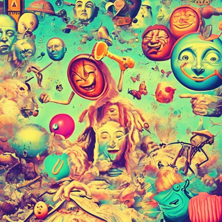 Prompt: everyday objects with faces, 
lifes a trip album cover style, Combining symbolic characters in a colourful explosion of activity , stephen gibb art style bubblegum surrealism 