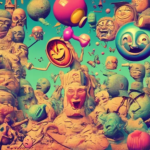 Prompt: everyday objects with faces, 
lifes a trip album cover style, Combining symbolic characters in a colourful explosion of activity , stephen gibb art style bubblegum surrealism 