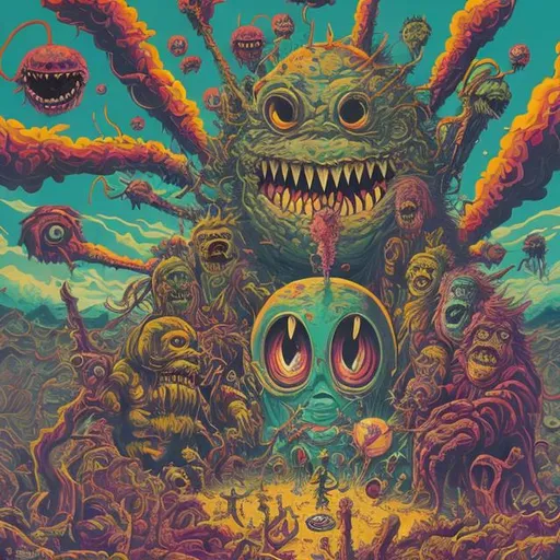 Prompt: faces and monsters all over the place, 
lifes a trip, album cover style, Combining symbolic characters in a colourful explosion of activity , stephen gibb art style bubblegum surrealism 