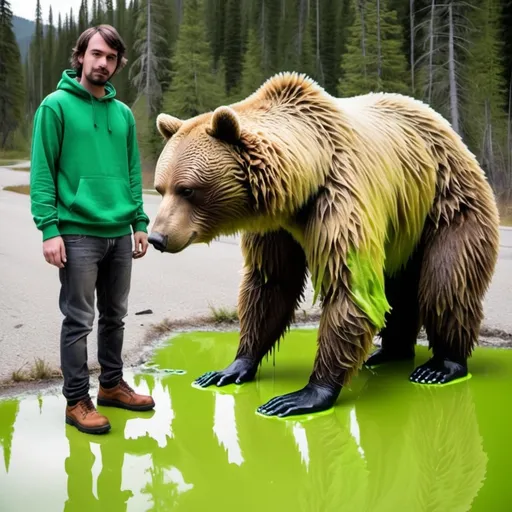 Prompt: a guy who stepped in a green acid puddle with a bear