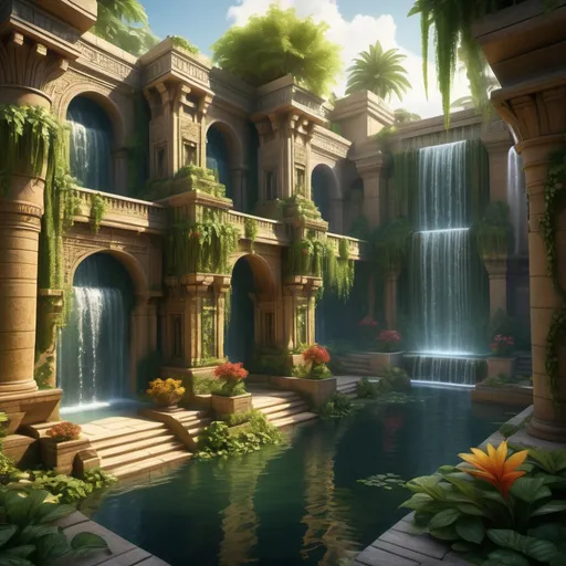 Prompt: (ancient Babylon), (hanging gardens), vibrant flowers, cascading waterfalls, lush greenery, rich textures, enchanting atmosphere, sunlight filtering through leaves, intricate stone pathways, serene water reflecting nature, warm tones of earth and foliage, high details, ultra-detailed, cinematic quality