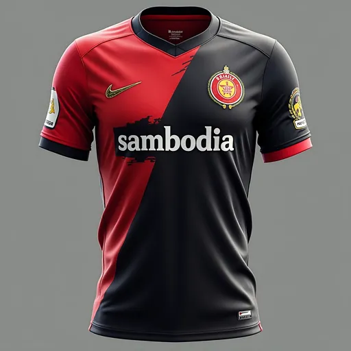 Prompt: A football jersey that has a badge called Sambodia and a main sponsor called Sambodia