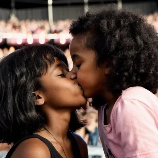 Prompt: Two black girls kissing at a concert full of children 