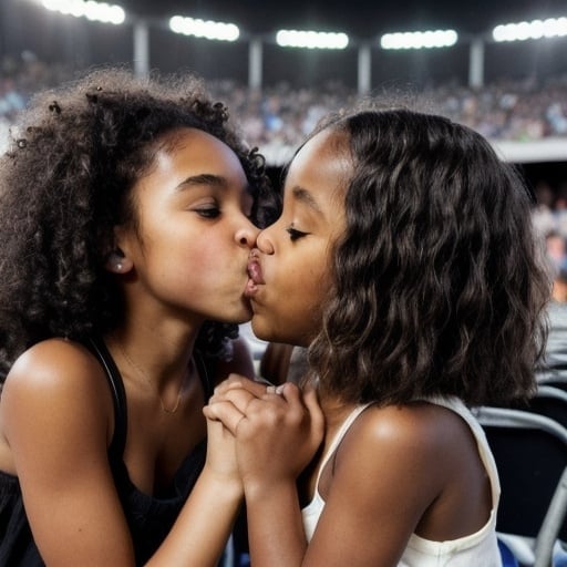 Prompt: Two black girls kissing at a concert full of children 