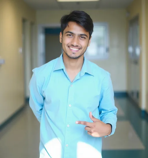 Prompt: A young man stands confidently in a brightly lit indoor setting, his casual demeanor accentuated by a striking light blue shirt. With a slight smile, he gestures a peace sign with his right hand, showcasing a relaxed and friendly attitude. The background features soft light filtering through an adjacent window, while muted colors suggest a serene and welcoming environment, possibly a hospital or community center. The overall composition highlights the subject against a blurred backdrop, drawing the viewer's focus to his expression and pose, conveying a sense of youth and optimism.