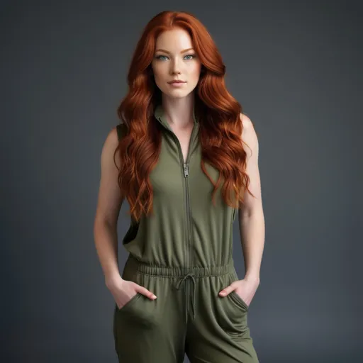 Prompt: A woman with Breathtakingly Gorgeous features. She is a Tribrid mix of a human, Spirit, and Kitsune. She has long, wavy red hair with striking grey eyes and her skin tone is a warm olive complexion. She is six foot four taller and 198 lbs with an athletic build. She is wearing a relaxed-fit, sleeveless jumpsuit in olive green with a cinched waist. Paired with white canvas slip-on shoes for comfort. Added with a denim jacket for cooler days and minimalistic gold hoop earrings for a hint of elegance.