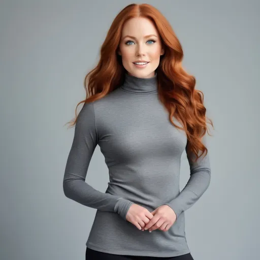 Prompt: A woman with Breathtakingly Gorgeous features. She has long, wavy red hair with striking grey eyes and her skin tone is a light tan complexion. She is six foot four taller and 198 lbs with an athletic build. She is wearing a fitted mock neck and a flared A-line silhouette that falls just above the knee. Made from a soft, stretchy fabric, it offers comfort and style. The dress comes in a rich emerald green, accented with a subtle black belt at the waist for a polished look. She is at one of the local charity galas.