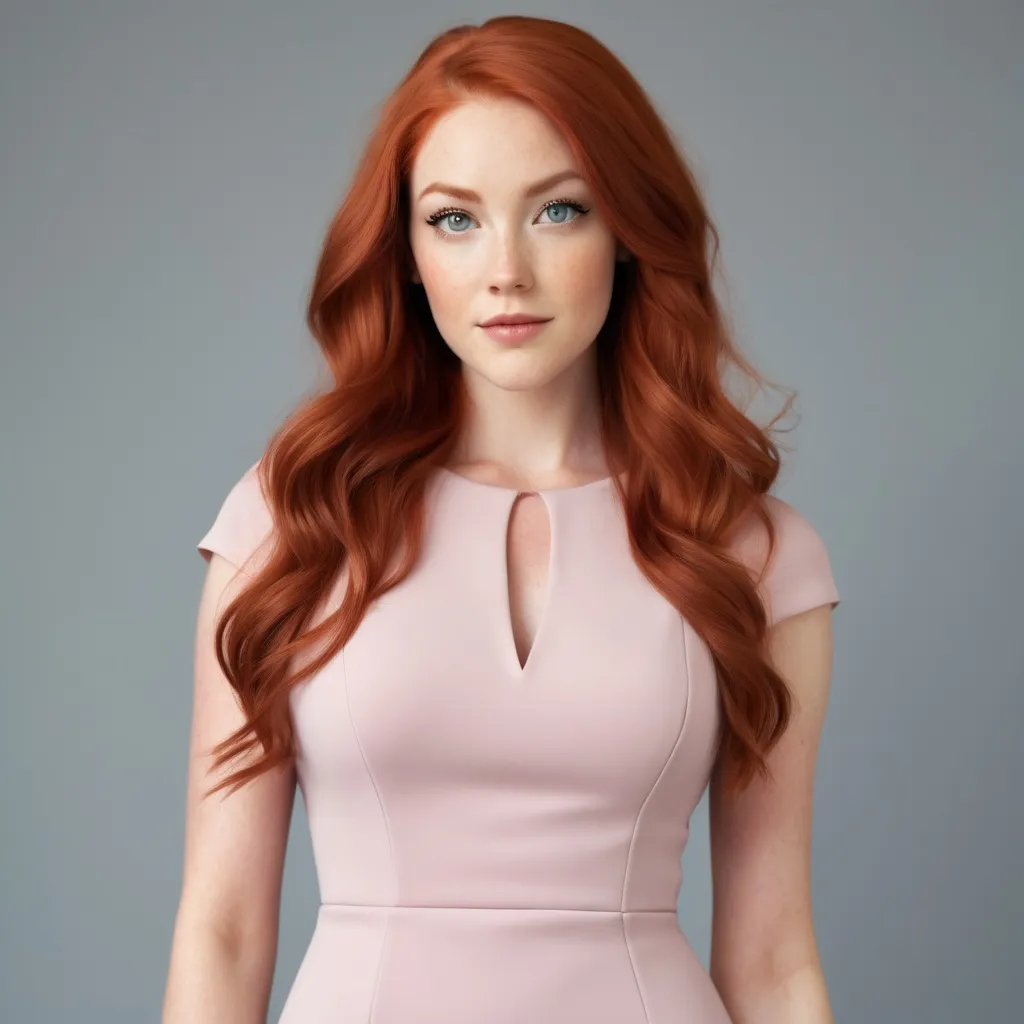 Prompt: A woman with Breathtakingly Gorgeous features. She is a Tribrid mix of a human, Spirit, and Kitsune. She has long, wavy red hair with striking grey eyes and her skin tone is a light olive complexion. She is six foot four taller and 198 lbs with an athletic build. She is wearing a fitted sheath dress in blush pink, crafted from a textured fabric that adds dimension. The dress features cap sleeves and a modest neckline, falling just below the knee. Paired with blush pink pumps and a matching handbag, the look is completed with a delicate necklace and simple stud earrings.