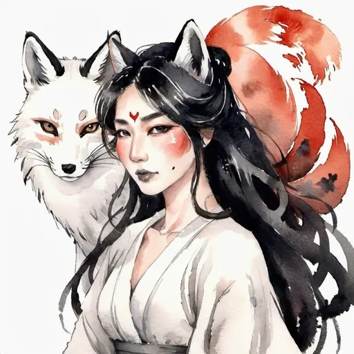 Prompt: A Tribrid woman who is a mix of a human, Spirit, and Kitsune. She is quarter Spirit, quarter Kitsune, and half-human. She has Breathtakingly Gorgeous features that are beyond this world. She is a very attractive Tribrid.