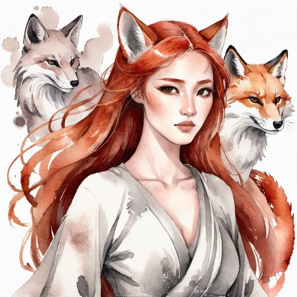 Prompt: A Tribrid woman who is a mix of a human, a Spirit, and Kitsune. She is a quarter Spirit, a quarter Kitsune, and half-human. She has Breathtakingly Gorgeous features that are beyond this world. She is a very attractive Tribrid. She has red hair and grey eyes with a light brown skin tone.