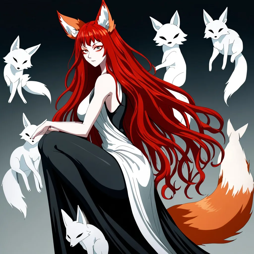 Prompt: A Breathtakingly Gorgeous woman who is a Tribrid mix of a human, Spirit, and Kitsune. She has long, wavy red hair that falls to the knees with ghostly greyish-white eyes. She has soft fox ears and five tails. She is six foot four taller and 198 lbs with an athletic build. She is currently wearing a long black kimono. She is surrounded by ghosts, spirits, and other Yokai.