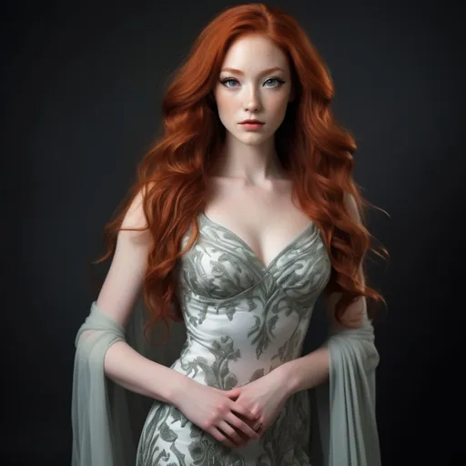 Prompt: A woman with Breathtakingly Gorgeous features. She is a Tribrid mix of a human, Spirit, and Kitsune. She has long, wavy red hair that falls to the knees with ghostly grey eyes. Her skin tone is an olive complexion. She is six foot four taller and 198 lbs with an athletic build. She is wearing a luxurious evening dress crafted from rich brocade fabric with intricate floral patterns in gold and navy. The fitted bodice features a boat neckline and cap sleeves, leading to a full, flowing skirt. Paired with embellished heels and a clutch, this outfit radiates opulence, perfect for high-society events or charity galas.