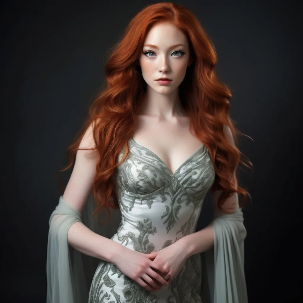 Prompt: A woman with Breathtakingly Gorgeous features. She is a Tribrid mix of a human, Spirit, and Kitsune. She has long, wavy red hair that falls to the knees with ghostly grey eyes. Her skin tone is an olive complexion. She is six foot four taller and 198 lbs with an athletic build. She is wearing a luxurious evening dress crafted from rich brocade fabric with intricate floral patterns in gold and navy. The fitted bodice features a boat neckline and cap sleeves, leading to a full, flowing skirt. Paired with embellished heels and a clutch, this outfit radiates opulence, perfect for high-society events or charity galas.