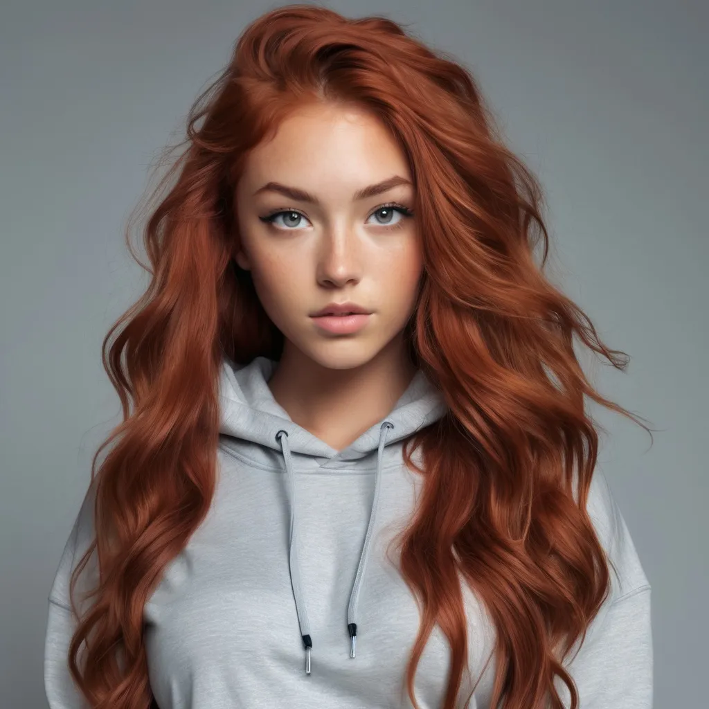 Prompt: A woman with Breathtakingly Gorgeous features. She is a Tribrid mix of a human, Spirit, and Kitsune. She has long, wavy red hair with striking grey eyes and her skin tone is a light tan complexion. She is six foot four taller and 198 lbs with an athletic build. She is wearing a cropped hoodie paired with high-waisted leggings and a bomber jacket. The hoodie is in a soft pastel color, while the leggings have a geometric print. The look is completed with sleek sneakers and a baseball cap. A fanny pack worn across the chest adds a trendy, sporty vibe.