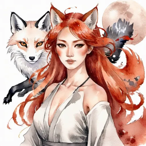 Prompt: A Tribrid woman who is a mix of a human, Spirit, and Kitsune. She is quarter Spirit, quarter Kitsune, and half-human. She has Breathtakingly Gorgeous features that are beyond this world. She is a very attractive Tribrid. She has red hair and grey eyes with a warm tan skin tone.