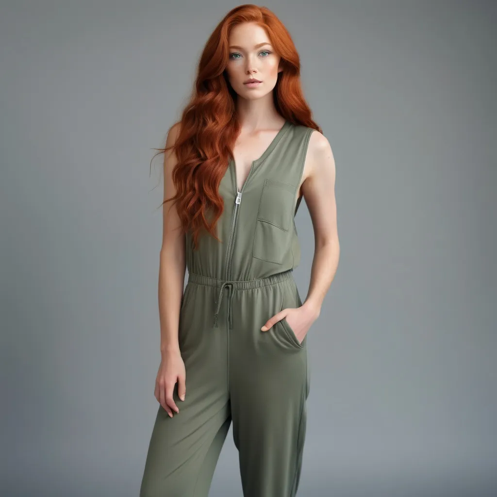 Prompt: A woman with Breathtakingly Gorgeous features. She is a Tribrid mix of a human, Spirit, and Kitsune. She has long, wavy red hair with striking grey eyes and her skin tone is a light tan complexion. She is six foot four taller and 198 lbs with an athletic build. She is wearing a relaxed-fit, sleeveless jumpsuit in olive green with a cinched waist. Paired with white canvas slip-on shoes for comfort. Added with a denim jacket for cooler days and minimalistic gold hoop earrings for a hint of elegance.