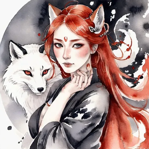 Prompt: A Tribrid woman who is a mix of a human, Spirit, and Kitsune. She is quarter Spirit, quarter Kitsune, and half-human. She has Breathtakingly Gorgeous features that are beyond this world. She is a very attractive Tribrid. She has red hair and grey eyes.