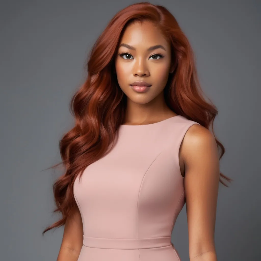 Prompt: A woman with Breathtakingly Gorgeous features. She is a Tribrid mix of a human, Spirit, and Kitsune. She has long, wavy red hair with striking grey eyes and her skin tone is a neutral olive complexion. She is six foot four taller and 198 lbs with an athletic build. She is wearing a fitted sheath dress in blush pink, crafted from a textured fabric that adds dimension. The dress features cap sleeves and a modest neckline, falling just below the knee. Paired with blush pink pumps and a matching handbag, the look is completed with a delicate necklace and simple stud earrings.