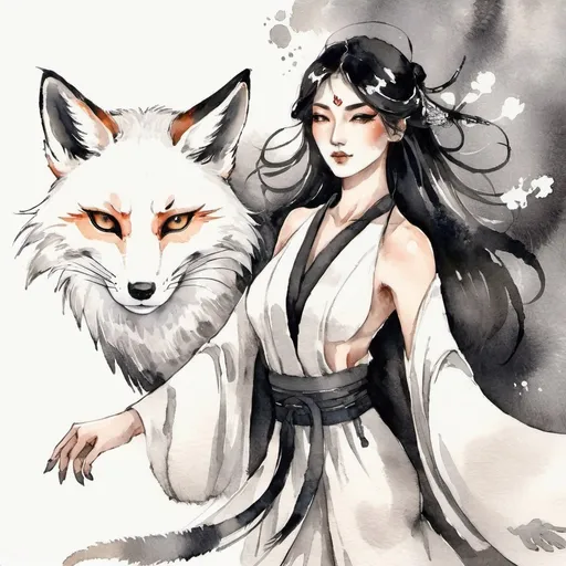 Prompt: A Tribrid woman who is a mix of a human, Spirit, and Kitsune. She is quarter Spirit, quarter Kitsune, and half-human. She has Breathtakingly Gorgeous features that are beyond this world. She is a very attractive Tribrid.