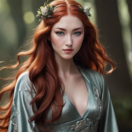 Prompt: A woman with Breathtakingly Gorgeous features. She is a Tribrid mix of a human, Spirit, and Kitsune. She has long, wavy red hair with striking grey eyes and her skin tone is a warm olive complexion. She is six foot four taller and 198 lbs with an athletic build. She is wearing a floor-length A-line gown in a deep navy blue colour, crafted from a luxurious chiffon fabric that flows gracefully with movement. The bodice is fitted with a sweetheart neckline adorned with intricate beadwork, while the skirt gently flares from the waist. The dress features thin, adjustable straps for a customized fit. Paired with silver strappy heels, a matching clutch, and drop earrings that reflect the gown's embellishments.