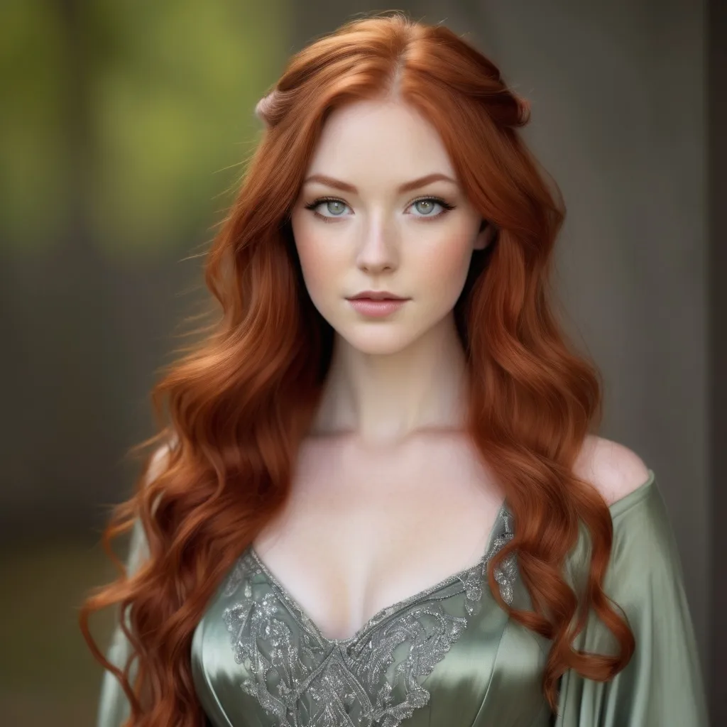 Prompt: A woman with Breathtakingly Gorgeous features. She is a Tribrid mix of a human, Spirit, and Kitsune. She has long, wavy red hair with striking grey eyes and her skin tone is a warm olive complexion. She is six foot four taller and 198 lbs with an athletic build. She is wearing a floor-length A-line gown in deep navy blue, crafted from a luxurious chiffon fabric that flows gracefully with movement. The bodice is fitted with a sweetheart neckline adorned with intricate beadwork, while the skirt gently flares from the waist. The dress features thin, adjustable straps for a customized fit. Paired with silver strappy heels, a matching clutch, and drop earrings that reflect the gown's embellishments.