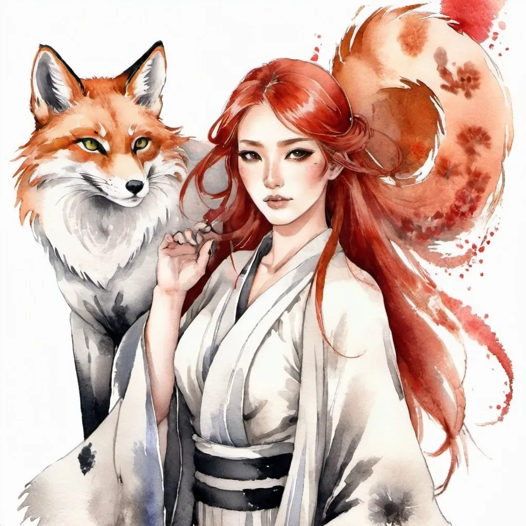 Prompt: A Tribrid woman who is a mix of a human, Spirit, and Kitsune. She is quarter Spirit, quarter Kitsune, and half-human. She has Breathtakingly Gorgeous features that are beyond this world. She is a very attractive Tribrid. She has red hair and grey eyes with a light tan skin tone.