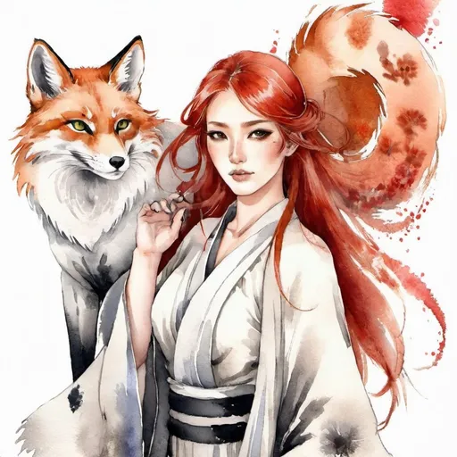 Prompt: A Tribrid woman who is a mix of a human, Spirit, and Kitsune. She is quarter Spirit, quarter Kitsune, and half-human. She has Breathtakingly Gorgeous features that are beyond this world. She is a very attractive Tribrid. She has red hair and grey eyes with a light tan skin tone.