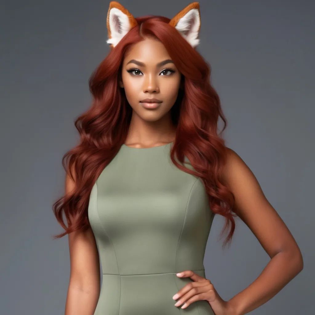 Prompt: A woman with Breathtakingly Gorgeous features. She is a Tribrid mix of a human, Spirit, and Kitsune with short fox ears. She has long, wavy red hair with striking grey eyes and her skin tone is an olive complexion. She is six foot four taller and 198 lbs with an athletic build. She is wearing a fitted sheath dress in blush pink, crafted from a textured fabric that adds dimension. The dress features cap sleeves and a modest neckline, falling just below the knee. Paired with blush pink pumps and a matching handbag, the look is completed with a delicate necklace and simple stud earrings.