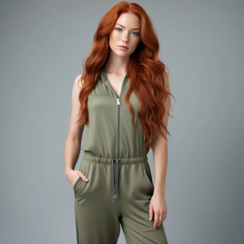 Prompt: A woman with Breathtakingly Gorgeous features. She is a Tribrid mix of a human, Spirit, and Kitsune. She has long, wavy red hair with striking grey eyes and her skin tone is a light tan complexion. She is six foot four taller and 198 lbs with an athletic build. She is wearing a relaxed-fit, sleeveless jumpsuit in olive green with a cinched waist. Paired with white canvas slip-on shoes for comfort. Added with a denim jacket for cooler days and minimalistic gold hoop earrings for a hint of elegance.