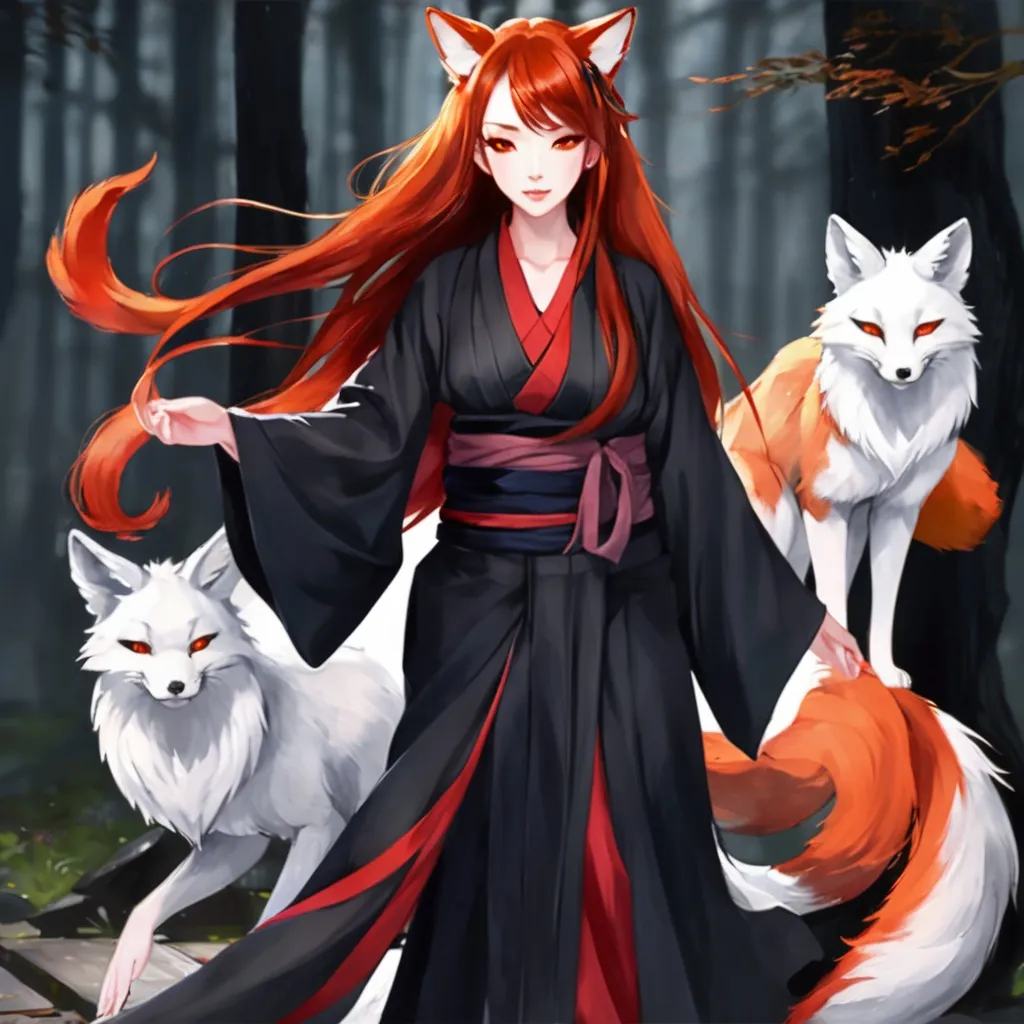 Prompt: A Breathtakingly Gorgeous woman who is a Tribrid mix of a human, Spirit, and Kitsune. She has long, wavy red hair that falls to the knees and striking grey eyes. She has soft fox ears and five tails. She is six foot four taller and 198 lbs with an athletic build. She is currently wearing a long black kimono. She is surrounded by ghosts, spirits, and other Yokai.