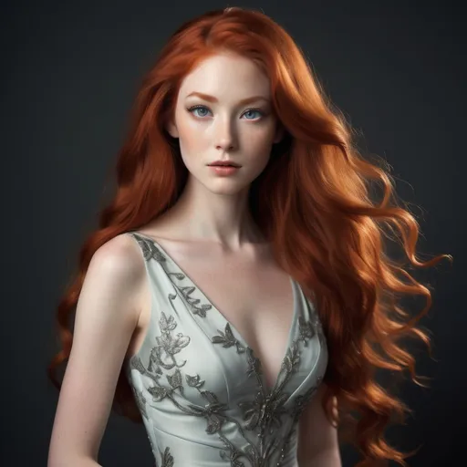 Prompt: A woman with Breathtakingly Gorgeous features. She is a Tribrid mix of a human, Spirit, and Kitsune. She has long, wavy red hair that falls to the knees with ghostly grey eyes. Her skin tone is an olive complexion. She is six foot four taller and 198 lbs with an athletic build. She is wearing a luxurious evening dress crafted from rich brocade fabric with intricate floral patterns in gold and navy. The fitted bodice features a boat neckline and cap sleeves, leading to a full, flowing skirt. Paired with embellished heels and a clutch, this outfit radiates opulence, perfect for high-society events or charity galas.