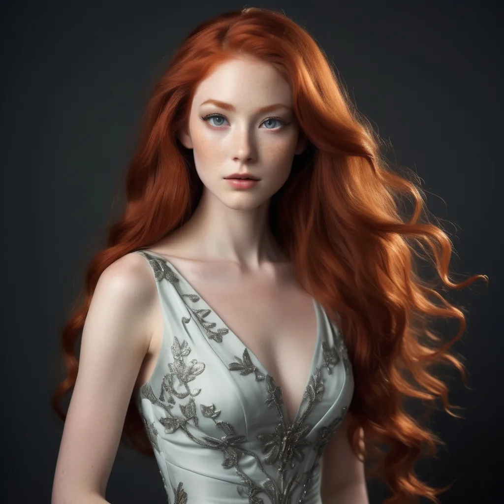 Prompt: A woman with Breathtakingly Gorgeous features. She is a Tribrid mix of a human, Spirit, and Kitsune. She has long, wavy red hair that falls to the knees with ghostly grey eyes. Her skin tone is an olive complexion. She is six foot four taller and 198 lbs with an athletic build. She is wearing a luxurious evening dress crafted from rich brocade fabric with intricate floral patterns in gold and navy. The fitted bodice features a boat neckline and cap sleeves, leading to a full, flowing skirt. Paired with embellished heels and a clutch, this outfit radiates opulence, perfect for high-society events or charity galas.