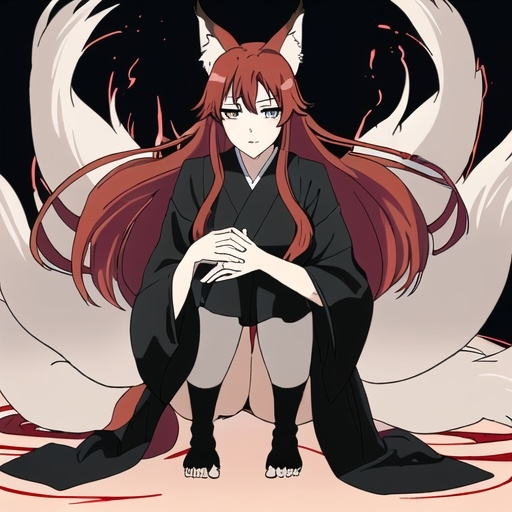 Prompt: A Breathtakingly Gorgeous woman who is a Tribrid mix of a human, Spirit, and Kitsune. She has long, wavy red hair that falls to the knees and striking grey eyes. She has soft fox ears and five tails. She is six foot four taller and 198 lbs with an athletic build. She is currently wearing a black kimono while being surrounded by ghosts, spirits, and other Yokai.