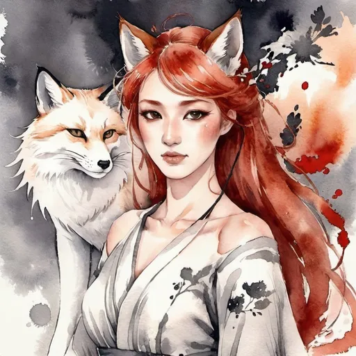 Prompt: A Tribrid woman who is a mix of a human, Spirit, and Kitsune. She is quarter Spirit, quarter Kitsune, and half-human. She has Breathtakingly Gorgeous features that are beyond this world. She is a very attractive Tribrid. She has red hair and grey eyes with a warm tan skin tone.