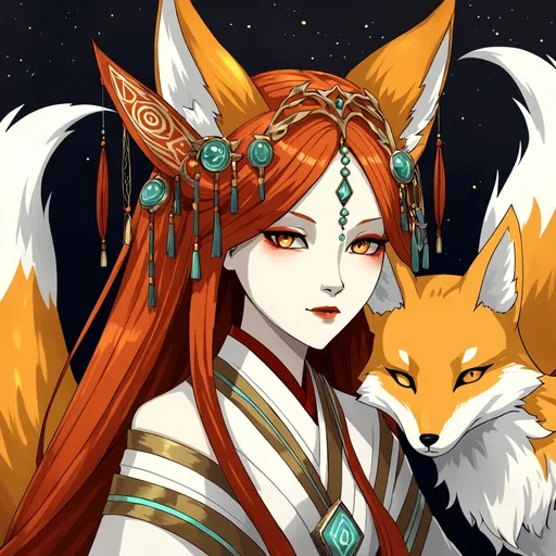 Prompt: A Tribrid woman who is a mix of a human, Spirit, and Kitsune. She is quarter Spirit, quarter Kitsune, and half-human. She has Breathtakingly Gorgeous features that are beyond this world.