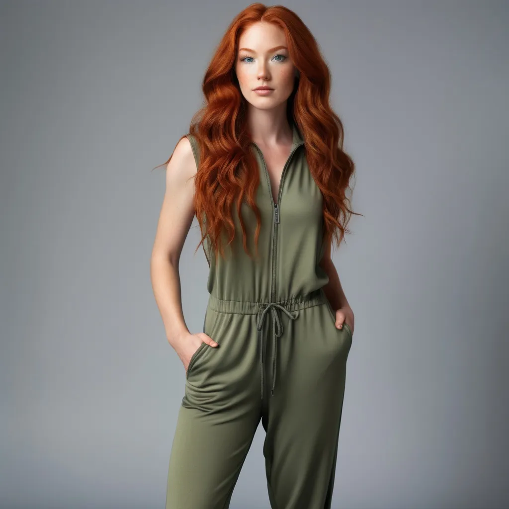 Prompt: A woman with Breathtakingly Gorgeous features. She is a Tribrid mix of a human, Spirit, and Kitsune. She has long, wavy red hair with striking grey eyes and her skin tone is a warm olive complexion. She is six foot four taller and 198 lbs with an athletic build. She is wearing a relaxed-fit, sleeveless jumpsuit in olive green with a cinched waist. Paired with white canvas slip-on shoes for comfort. Added with a denim jacket for cooler days and minimalistic gold hoop earrings for a hint of elegance.