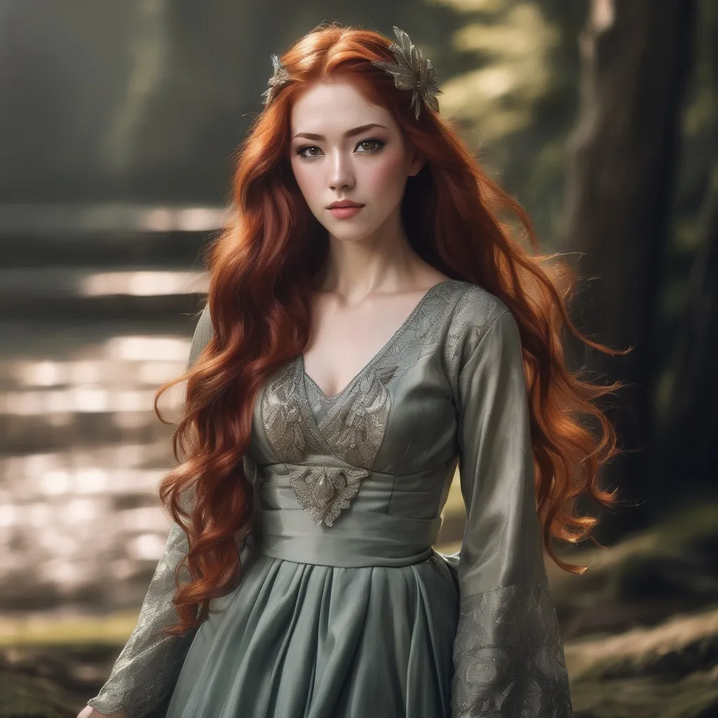 Prompt: A woman with Breathtakingly Gorgeous features. She is a Tribrid mix of a human, Spirit, and Kitsune. She has long, wavy red hair with striking grey eyes and her skin tone is a warm olive complexion. She is six foot four taller and 198 lbs with an athletic build. She is wearing a floor-length A-line gown in a deep navy blue colour, crafted from a luxurious chiffon fabric that flows gracefully with movement. The bodice is fitted with a sweetheart neckline adorned with intricate beadwork, while the skirt gently flares from the waist. The dress features thin, adjustable straps for a customized fit. Paired with silver strappy heels, a matching clutch, and drop earrings that reflect the gown's embellishments.