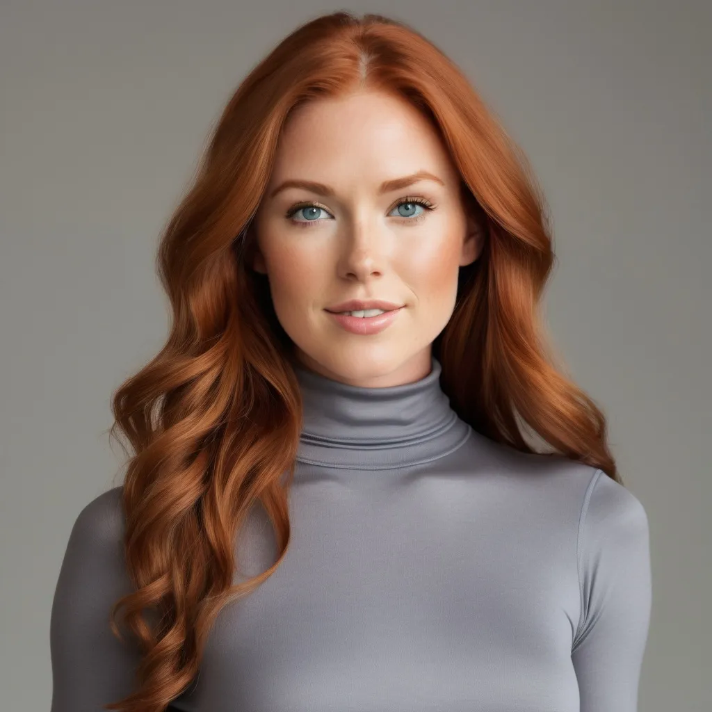 Prompt: A woman with Breathtakingly Gorgeous features. She has long, wavy red hair with grey eyes and she has a light tan skin tone. She is six foot four taller and 198 lbs with an athletic build. She is wearing a fitted mock neck and a flared A-line silhouette that falls just above the knee. Made from a soft, stretchy fabric, it offers comfort and style. The dress comes in a rich emerald green, accented with a subtle black belt at the waist for a polished look. She is at one of the local charity galas.